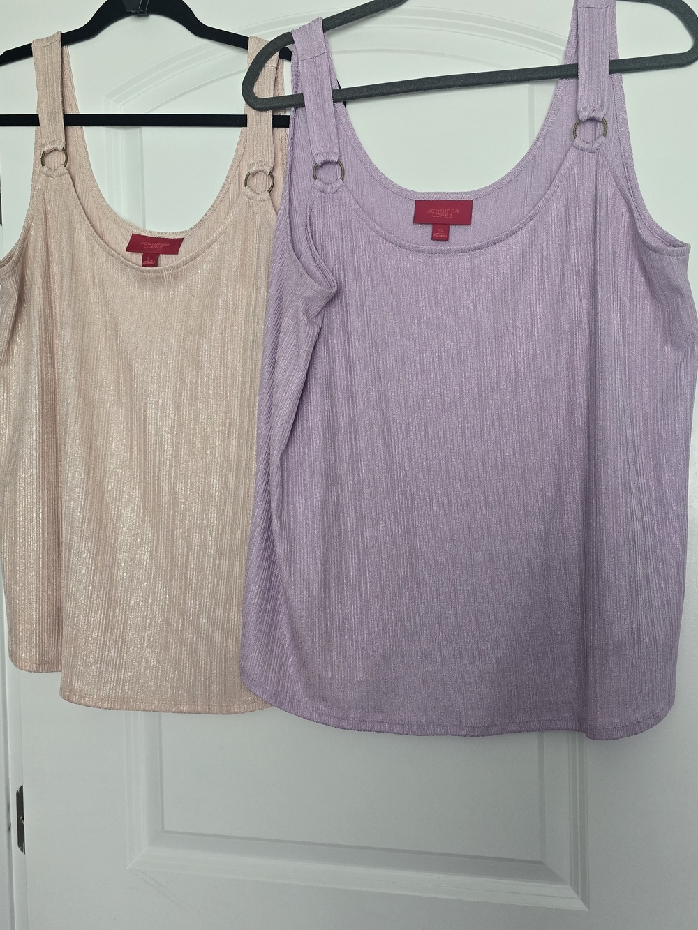 (2) Jennifer Lopez Metallic Ring-Shoulder Tank Tops in Blush and Lavender